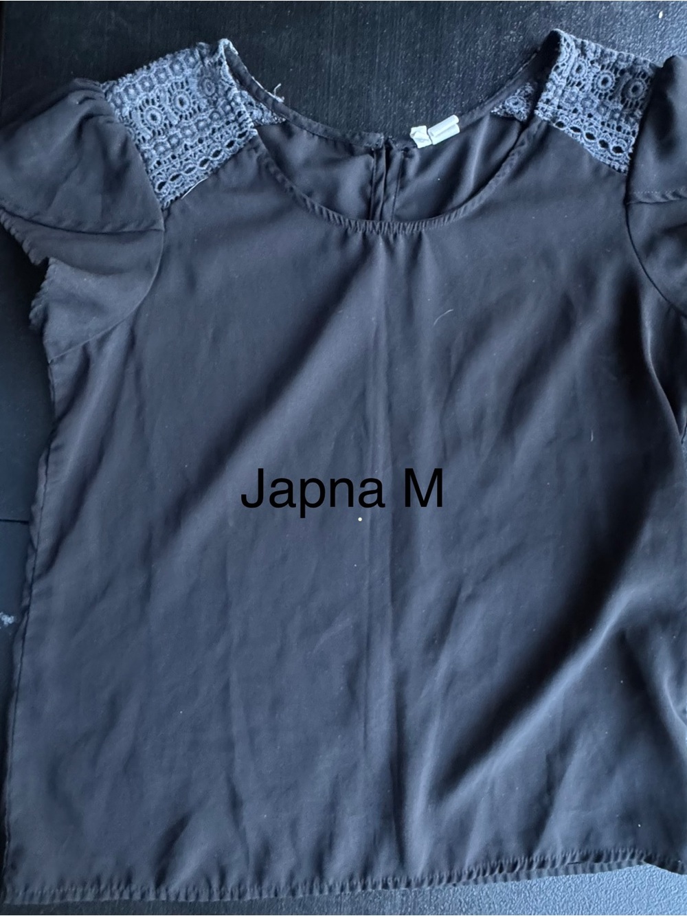 Japna Black Lace-Trim Puff Sleeve Blouse